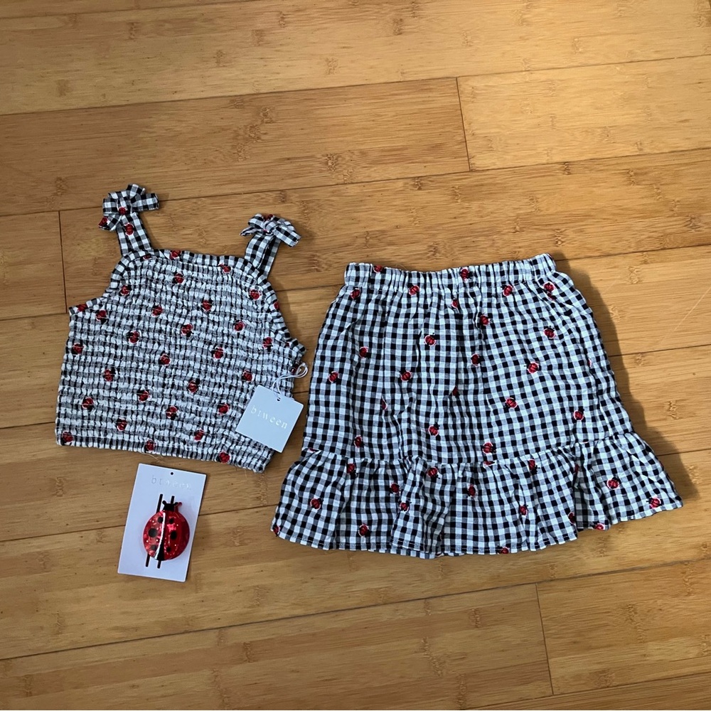 NWT Girls Size 5 Ladybug Black & White Gingham Outfit - Smocked Top & Skirt Set